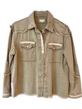 POL Western Shirt Jacket Lightweight Boho Frayed Utility Shacket Tan Size Small